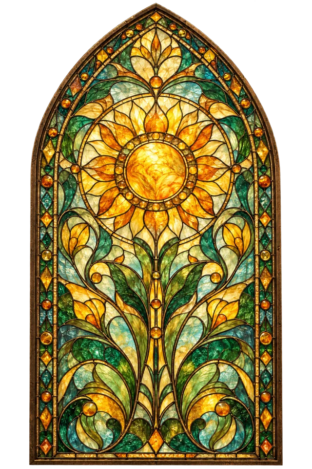An ornate amber and gold window