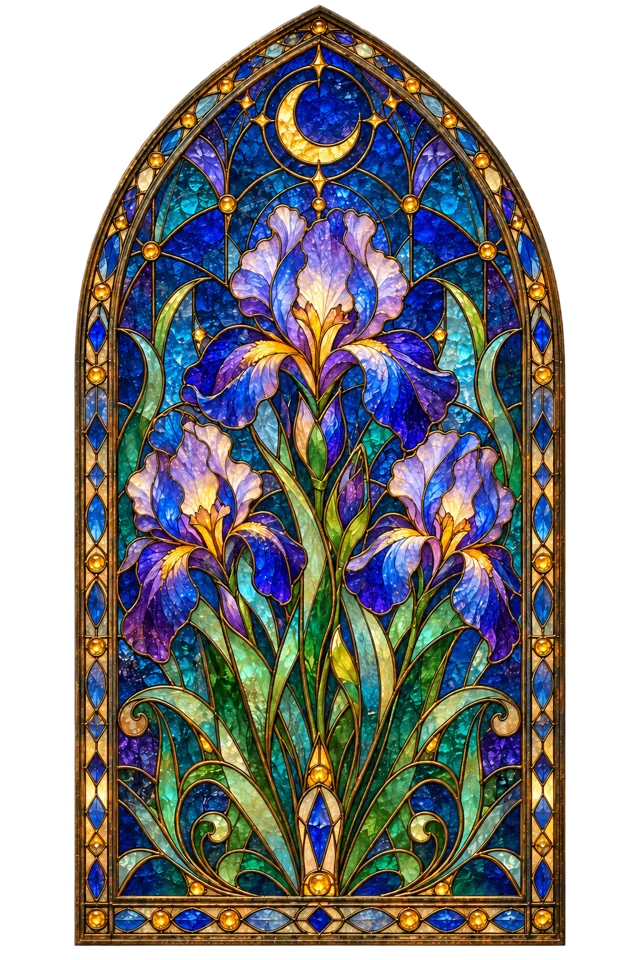 Blue irises beneath a crescent moon
