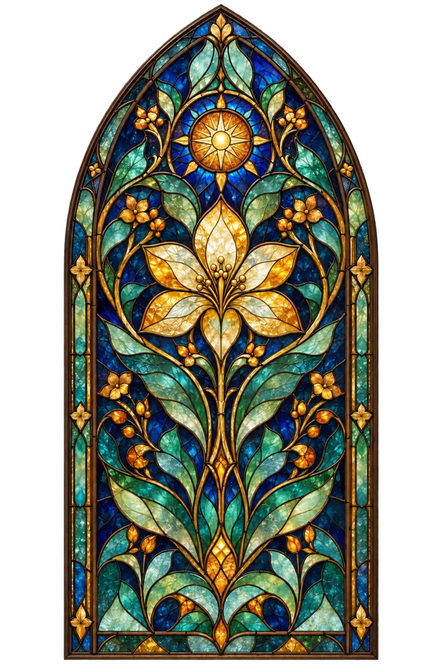 A luminous golden flower framed by turquoise leaves and sapphire glass